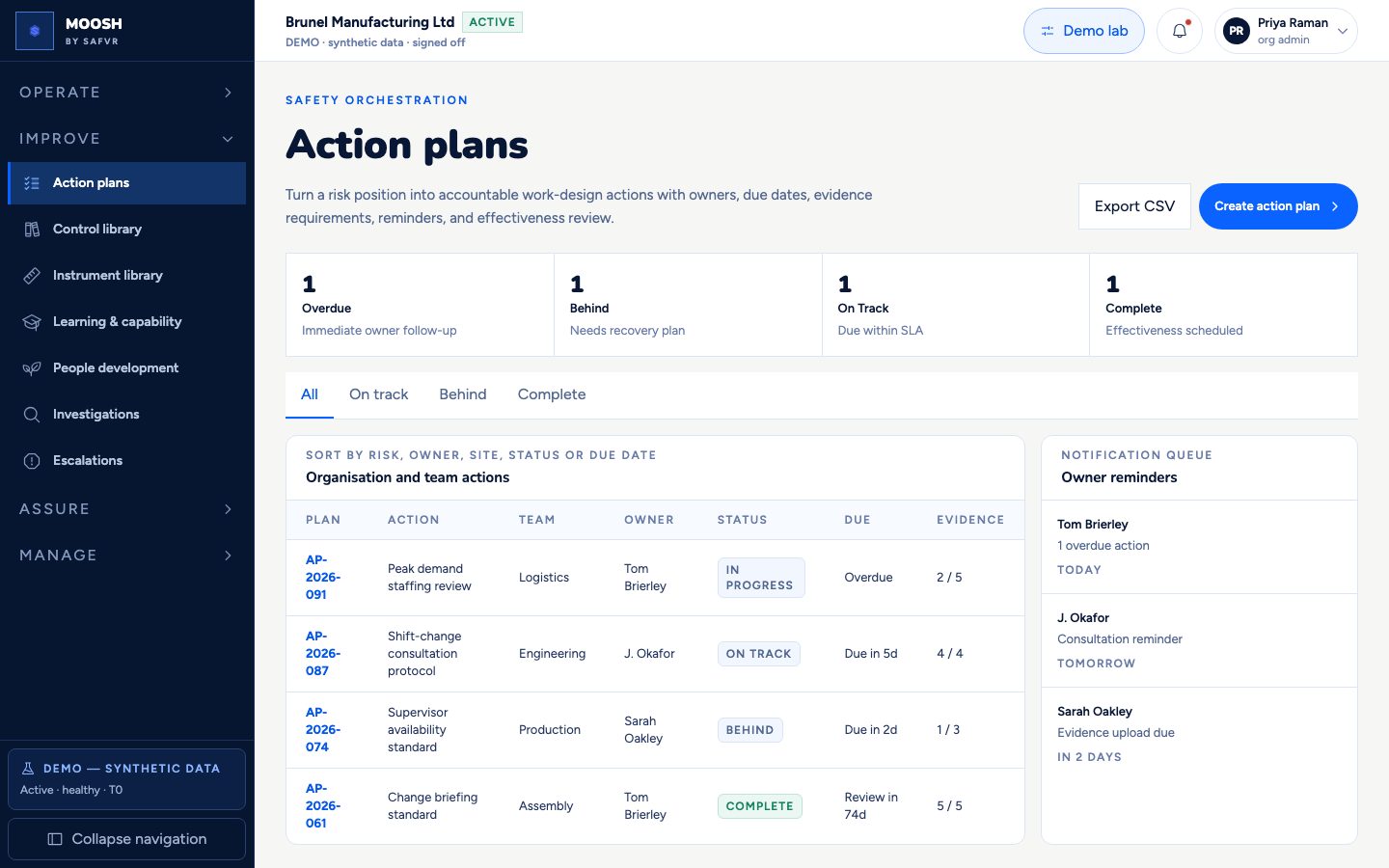 Action plans screen