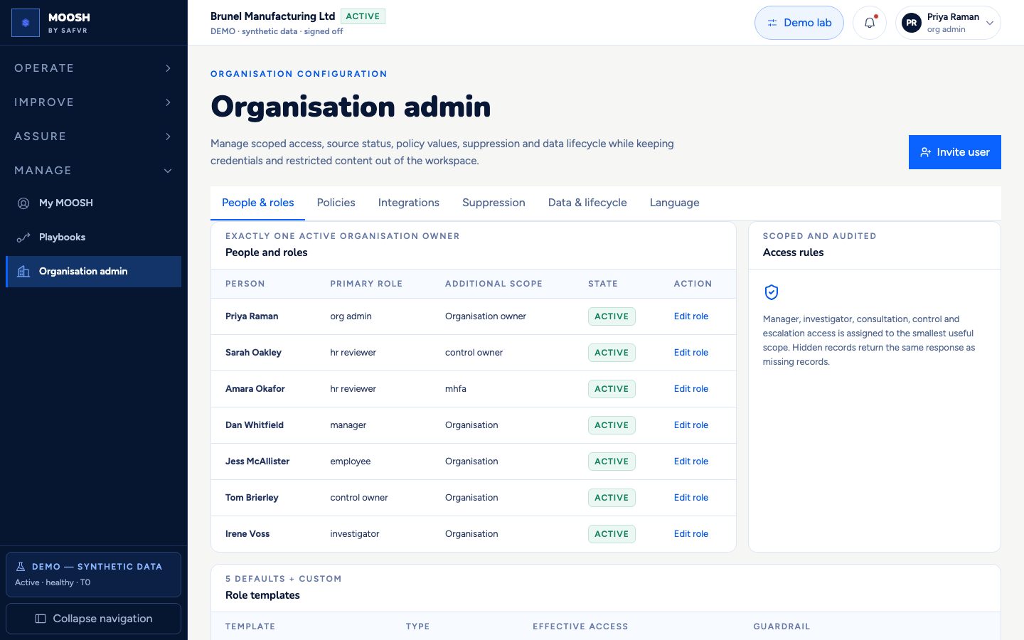 Organisation admin screen