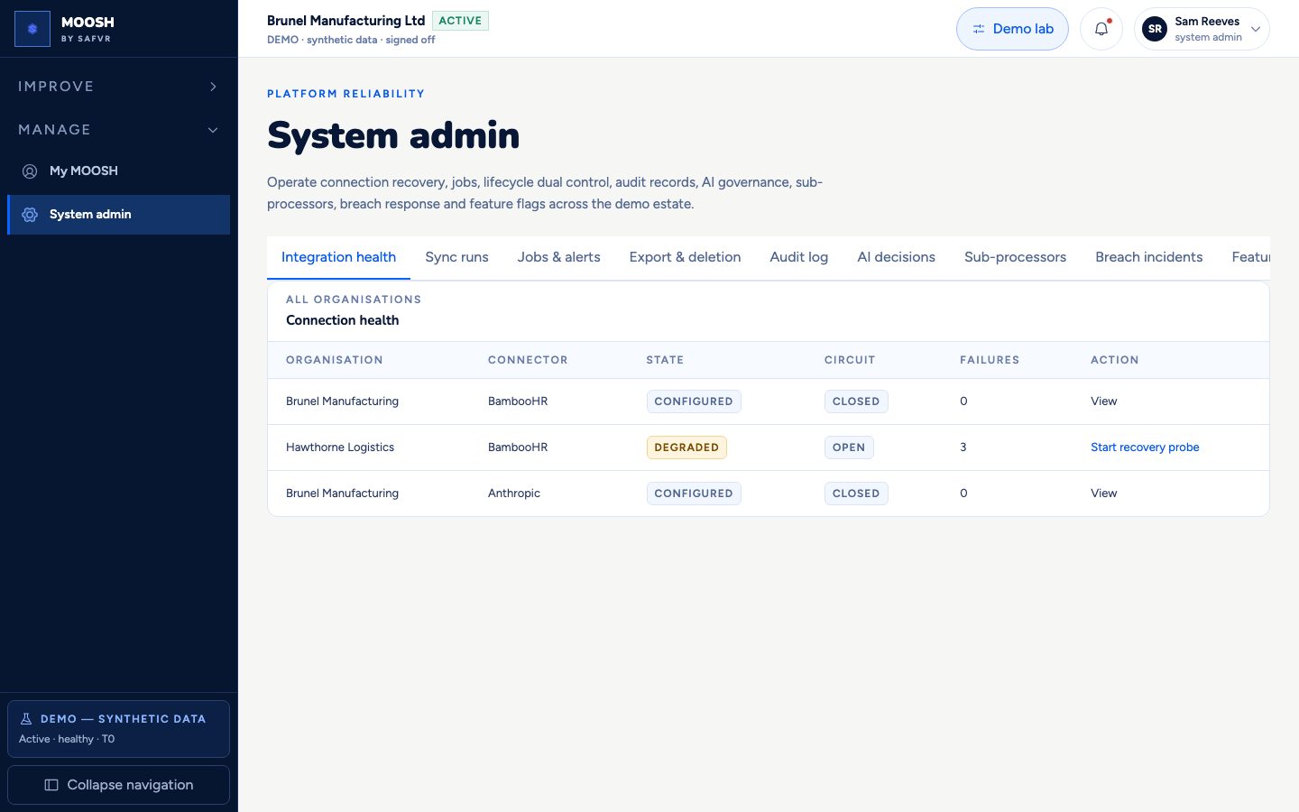 System admin screen