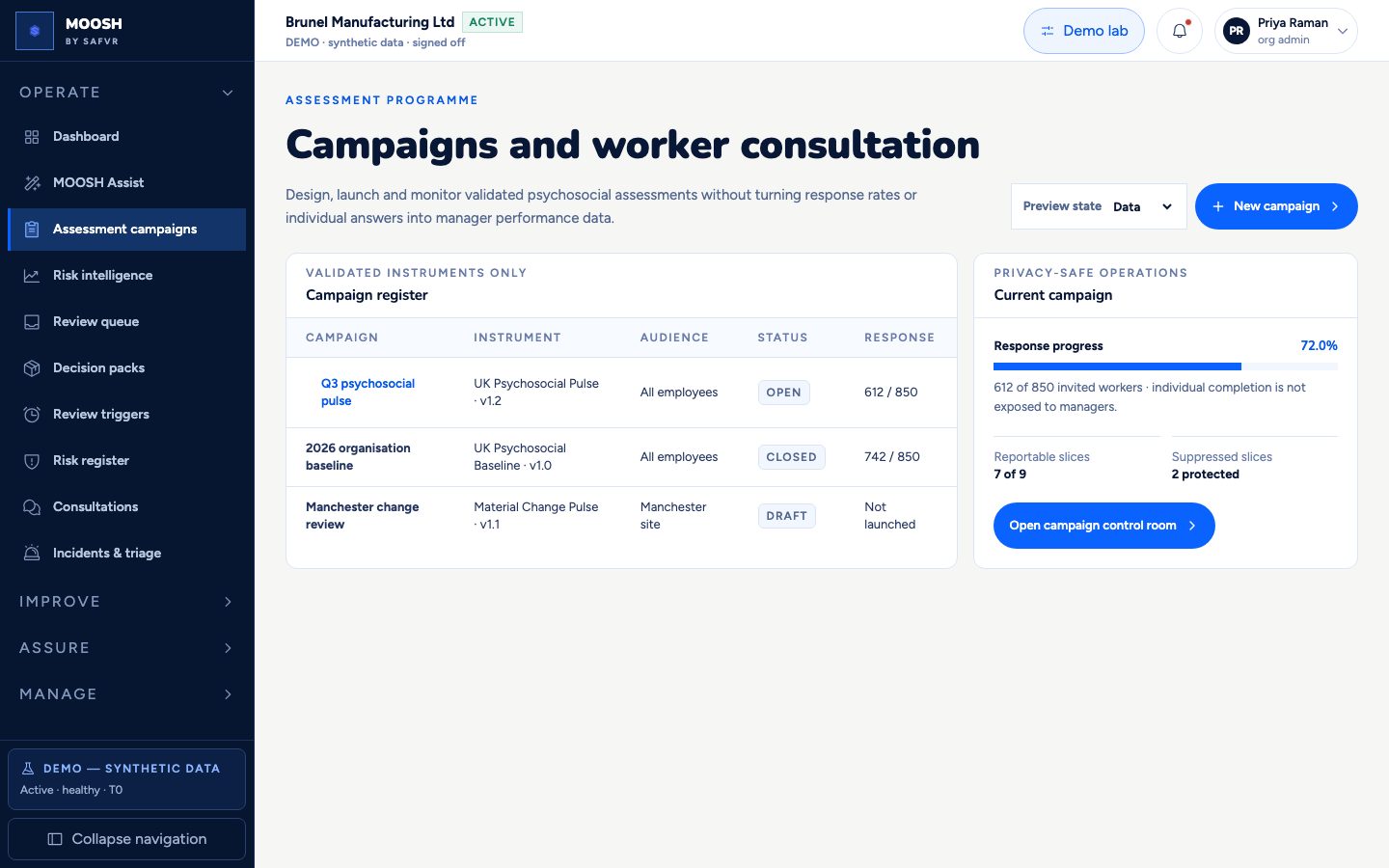 Assessment campaigns screen