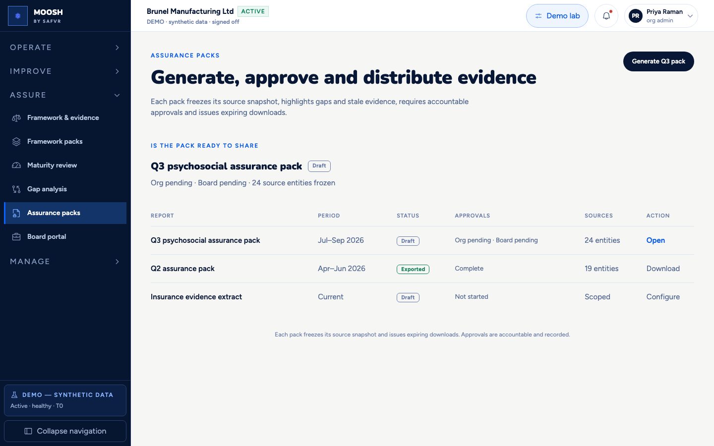 Assurance packs screen