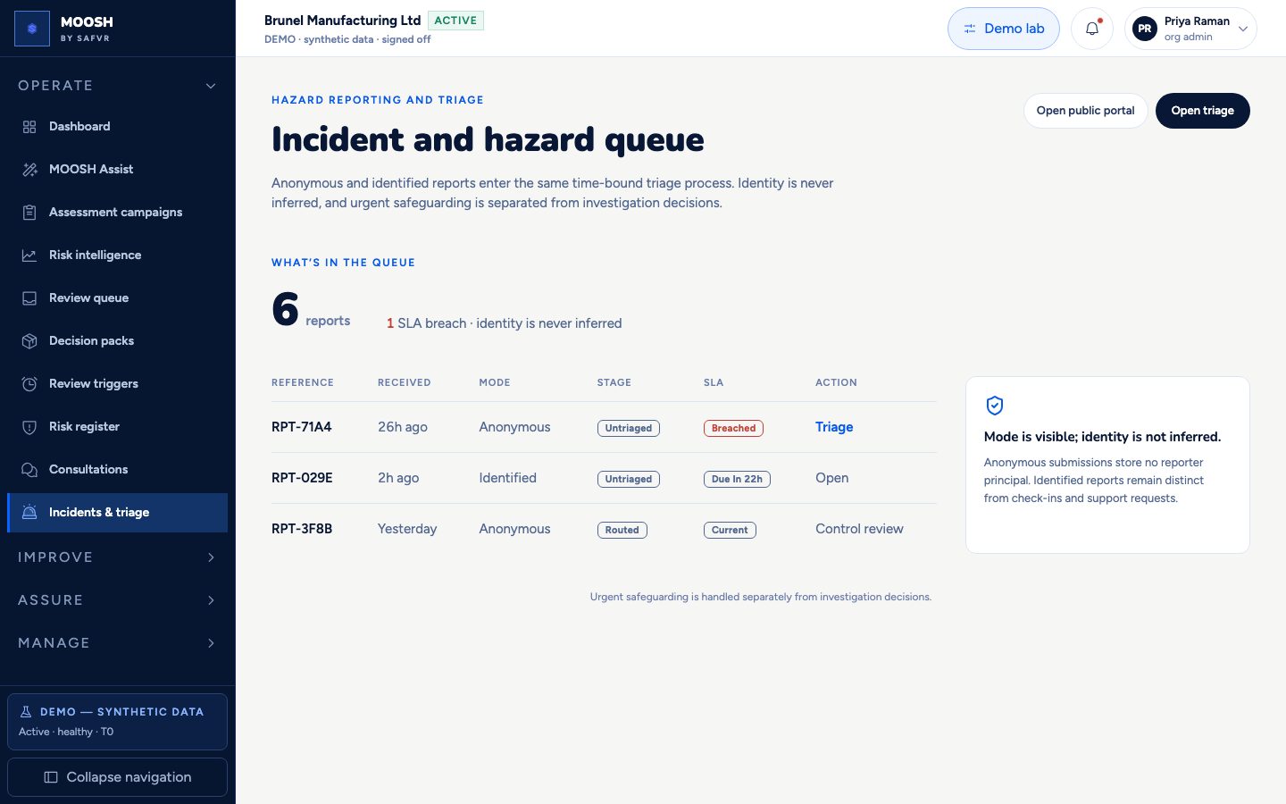 Incidents & triage screen