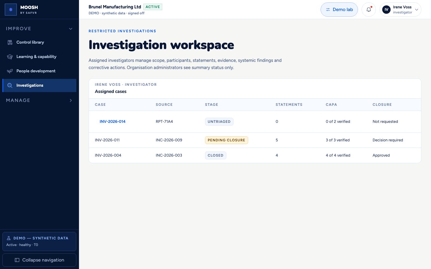 Investigations screen